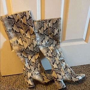 Sam Edelman Snake Print Knee-High Boots - Beige/Black